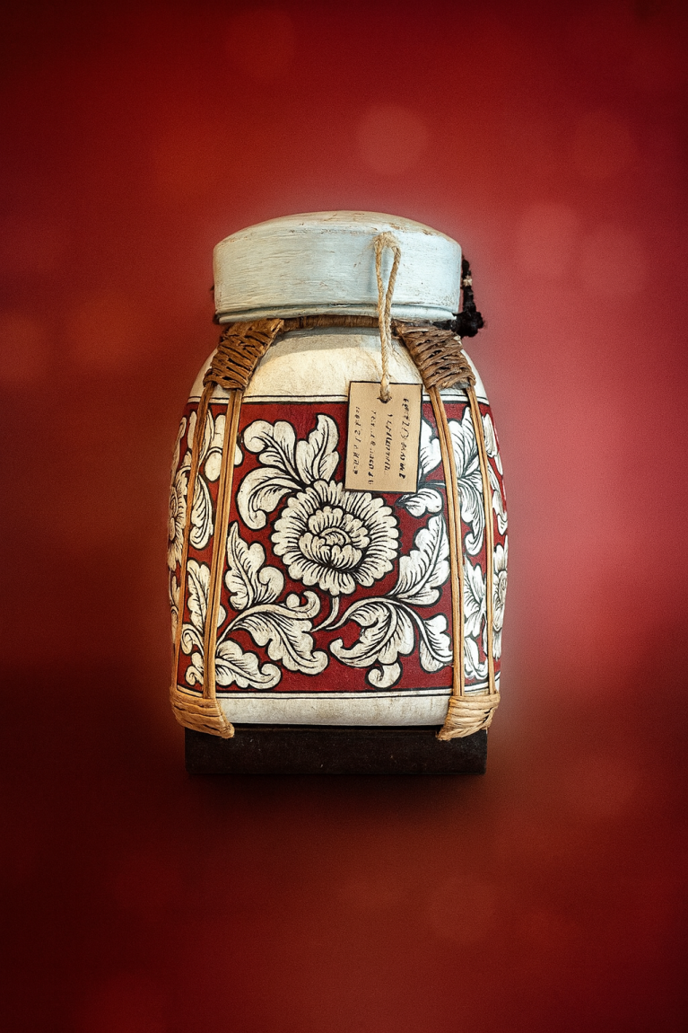 Hand-Painted Thai Decorative Jar – Floral Motifs on Deep Red Background