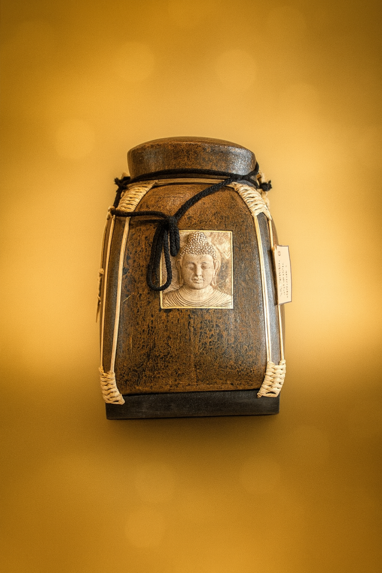 Handcrafted Thai Decorative Jar – Buddha Relief on Bamboo