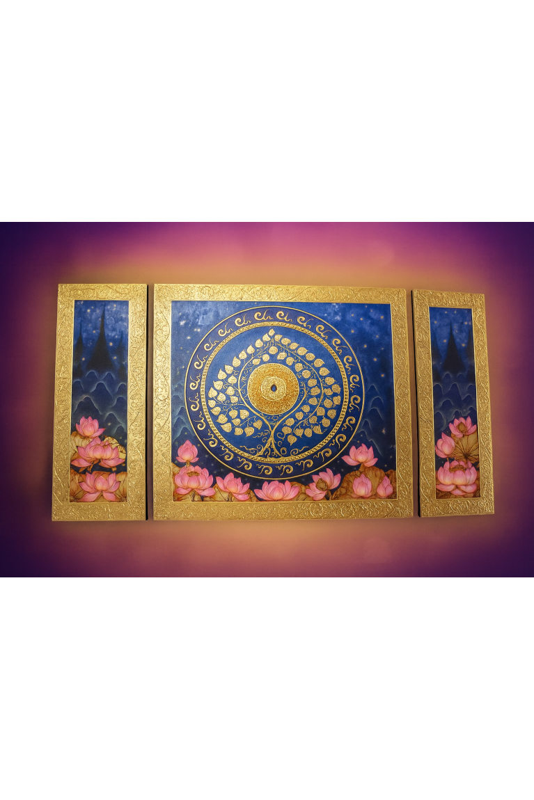 Thai Triptych Painting – Bodhi Leaves and Lotus Flowers on Blue and Gold