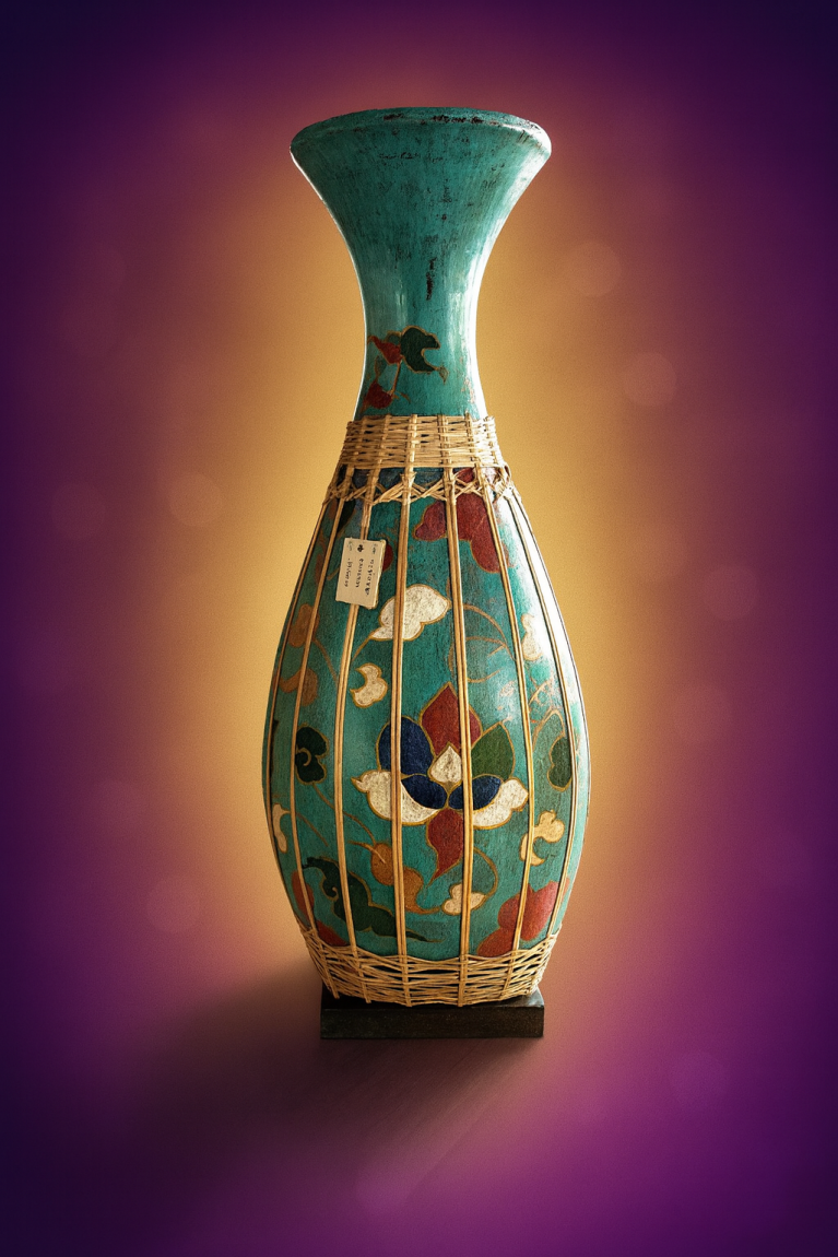 Tall Thai Bamboo Vase – Hand-Painted Floral and Golden Cloud Motifs