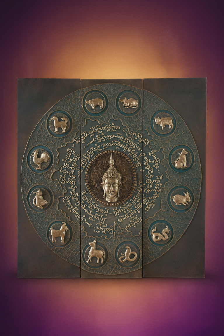 Thai Triptych – Buddhist Zodiac Wheel and Buddha Relief