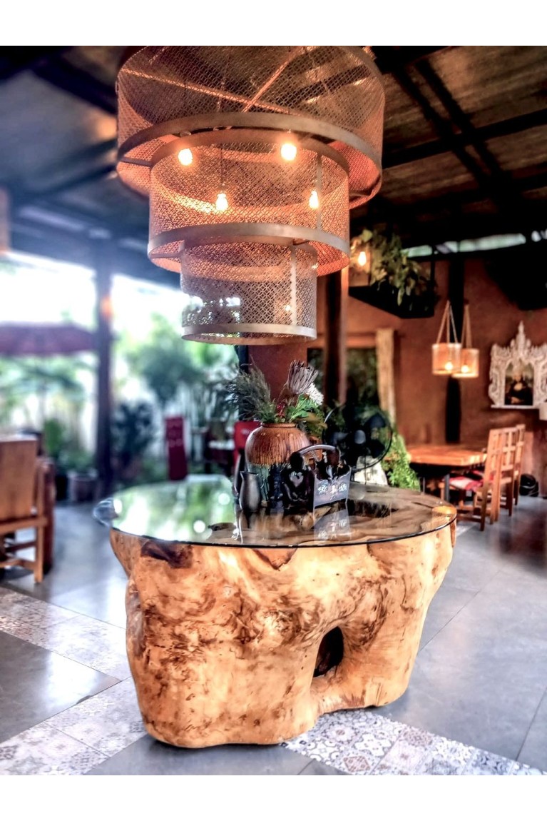 Unique Teak Wood Table with Glass Top – 100-Year-Old Masterpiece
