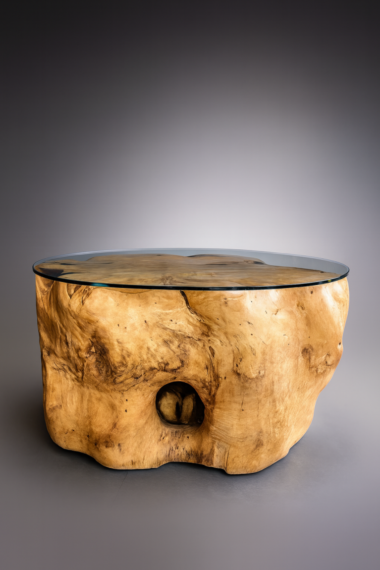 Unique Teak Wood Table with Glass Top – 100-Year-Old Masterpiece