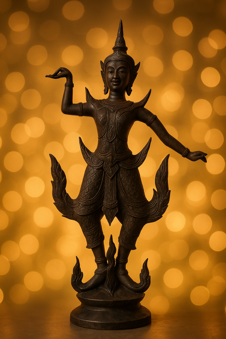 Thai Celestial Dancer Statue in Hand-Carved Wood