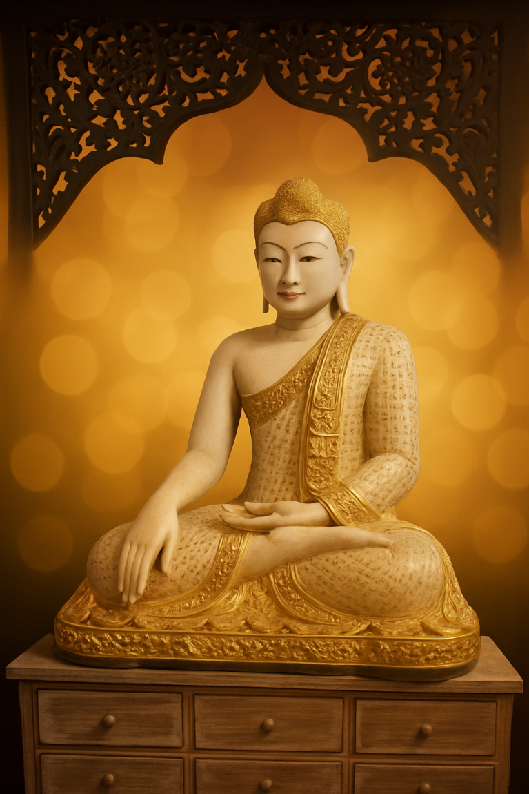 Seated Golden Buddha Statue in Hand-Carved Wood