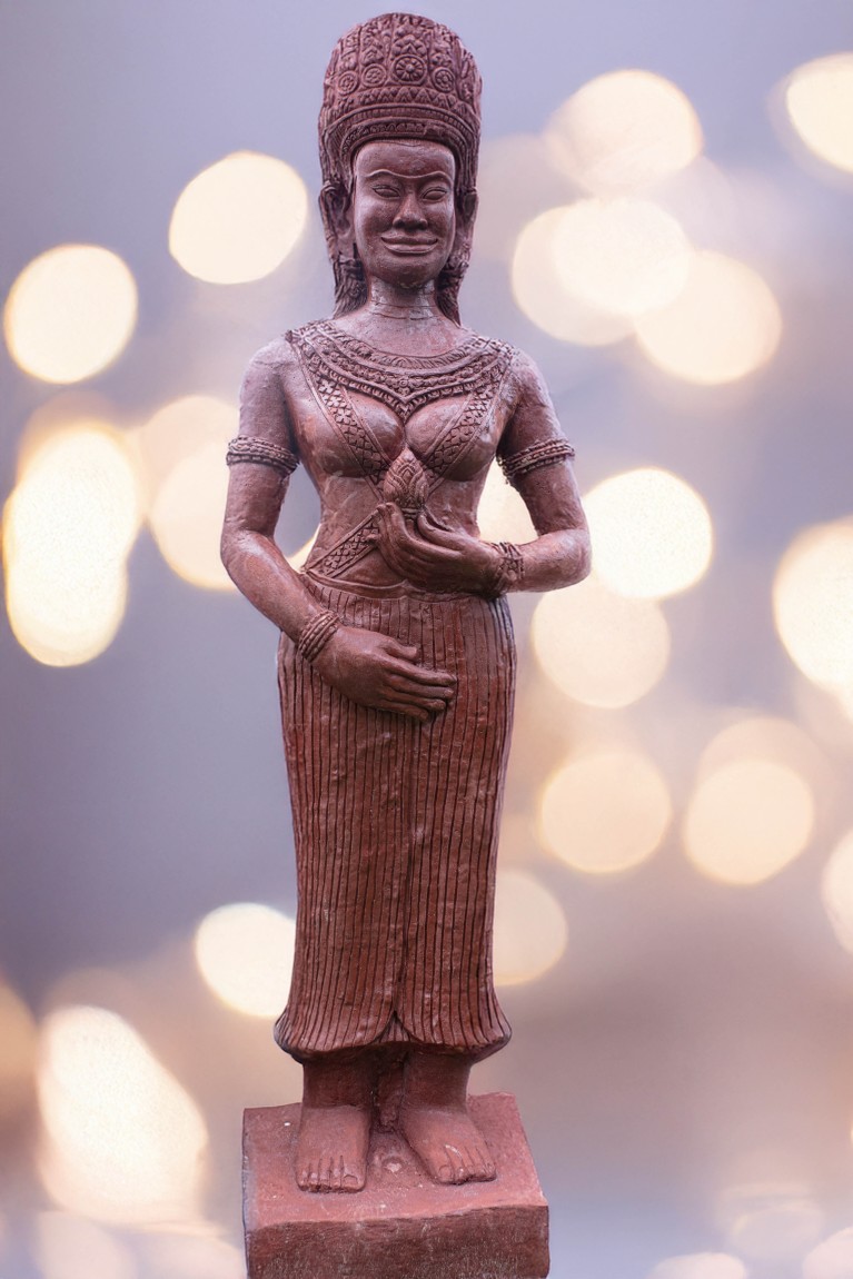 Khmer Guardian Statue – Red Stone Sculpture