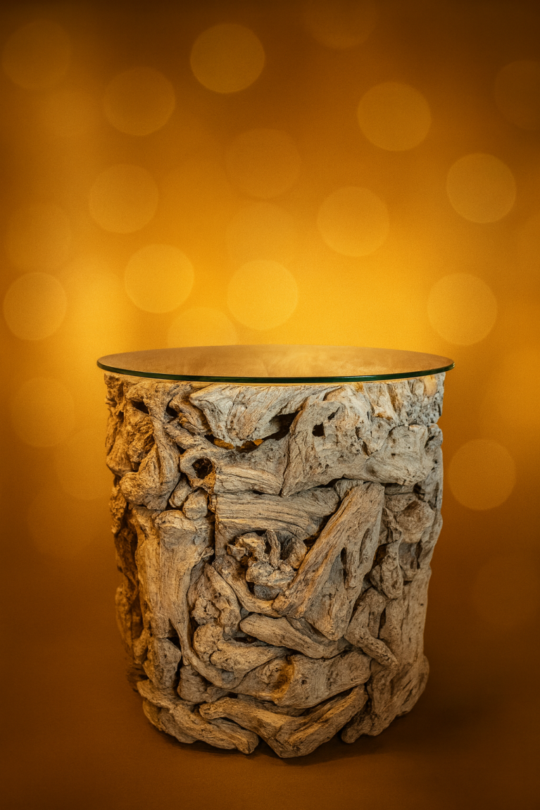 Rustic Driftwood Side Table with Glass Top