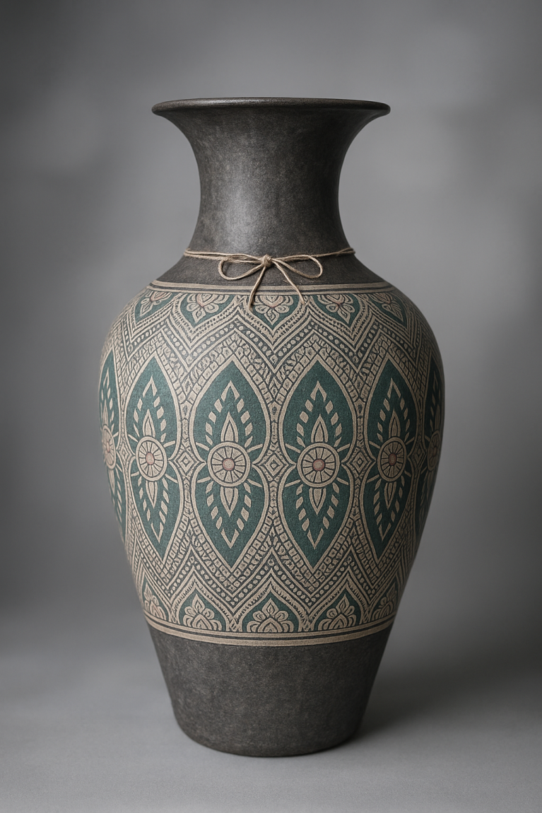 Lanna Heritage Grey Ceramic Vase with Tribal Motifs