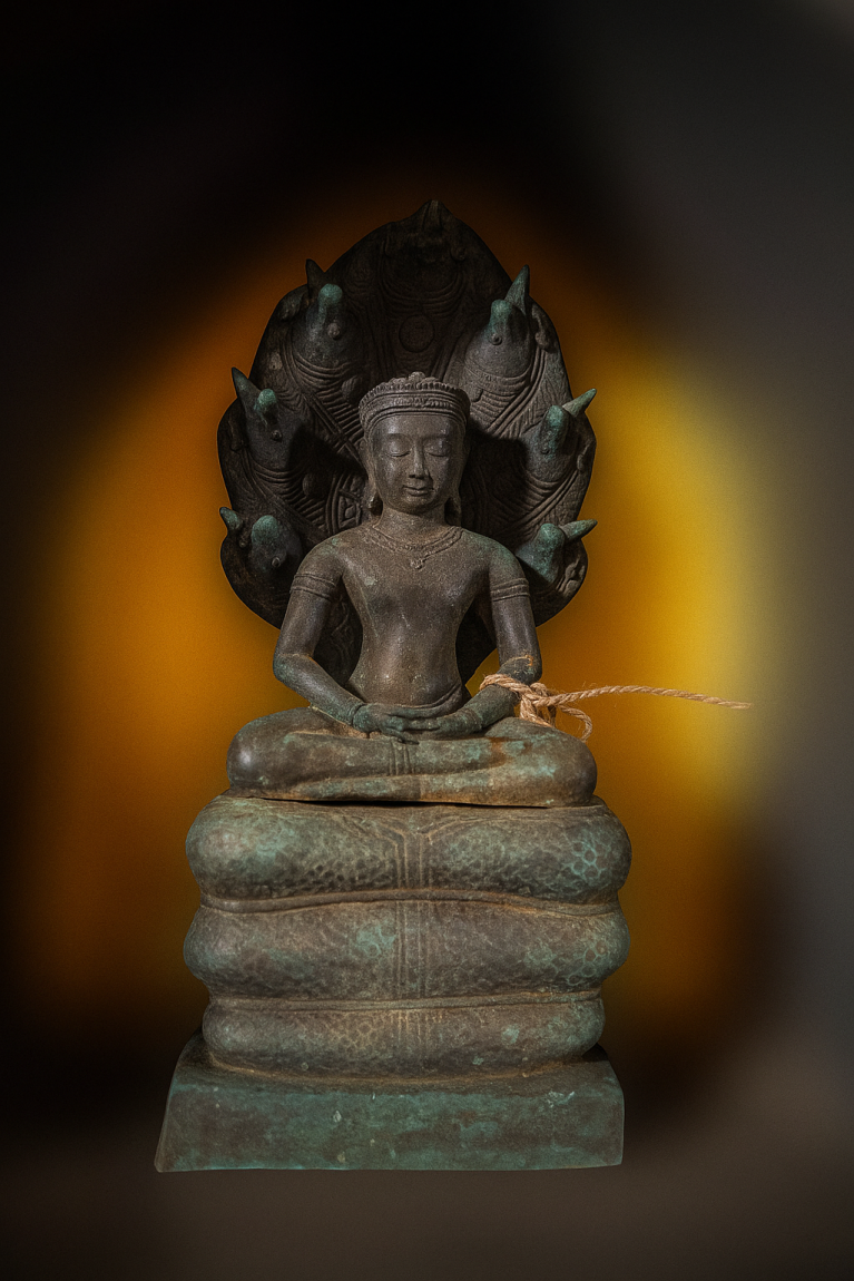Bronze Buddha Protected by Naga Serpent