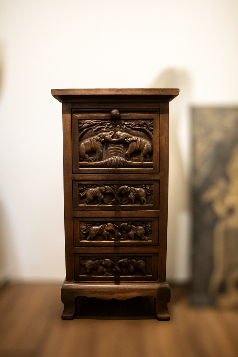 Hand-Carved Wooden Chest of Drawers with Elephant Motifs