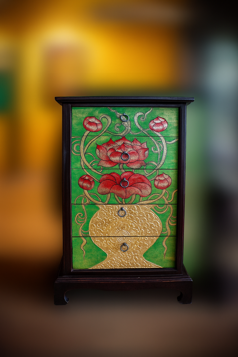 Hand-Painted Floral Chest – Sacred Lotus Design