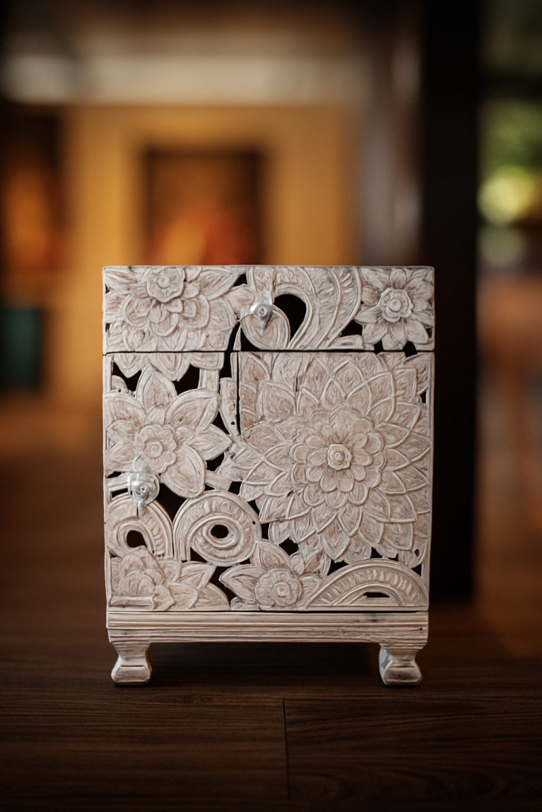 Hand-Carved Whitewashed Lotus Cabinet