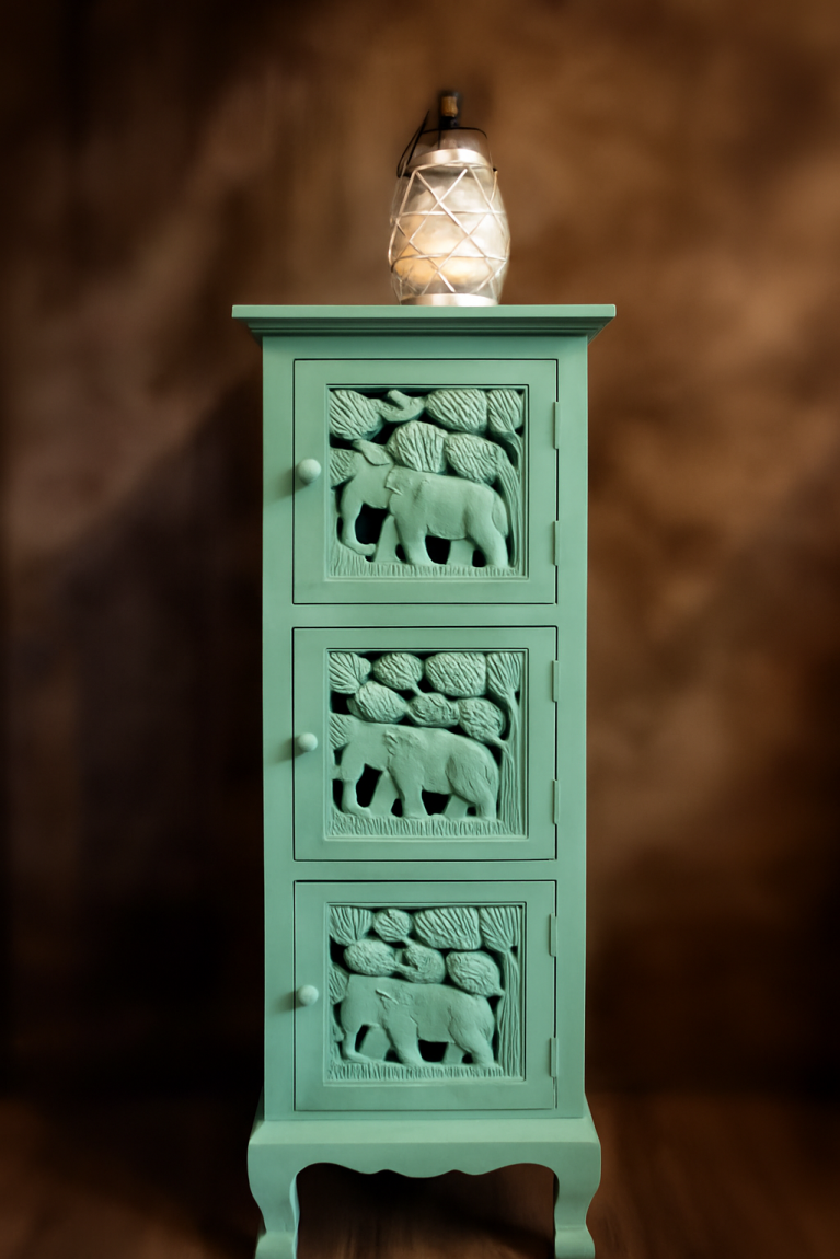 Elephant Harmony" Hand-Carved Cabinet