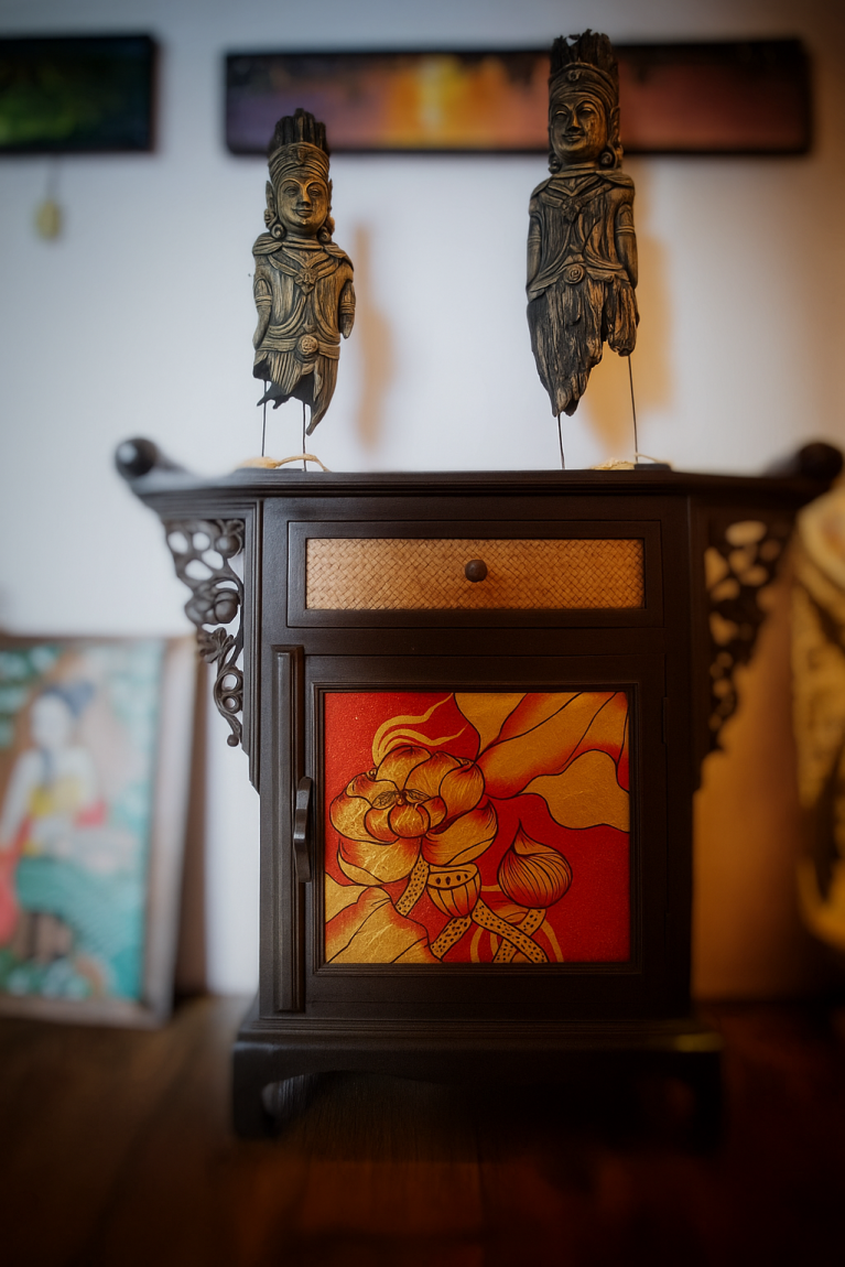 Handcrafted Wooden Cabinet with Painted Floral Door Panel