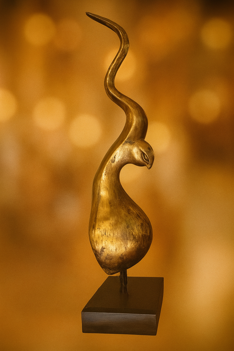 Sculpture Contemporaine du Hong Thaïlandais – Finition Dorée sur Socle