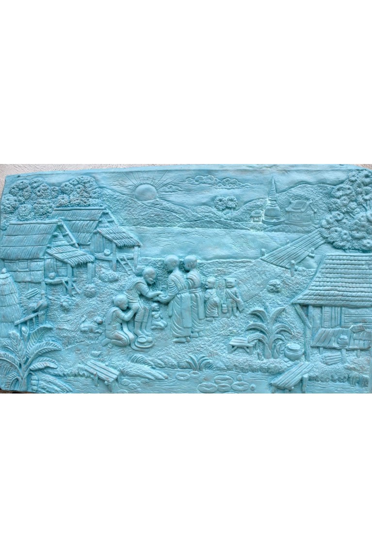 Monk Alms Offering – Thai Village Scene Bas-Relief